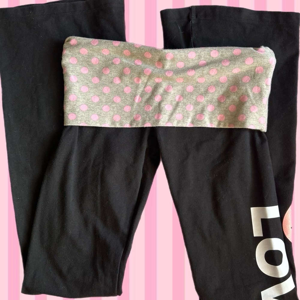 Victoria's Secret RARE Black Leggings with Pink Polka Dot Fold-Over